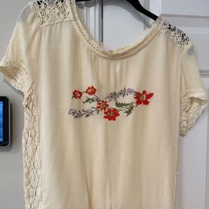 Free People Cream Blouse with Red and Purple Embroidery